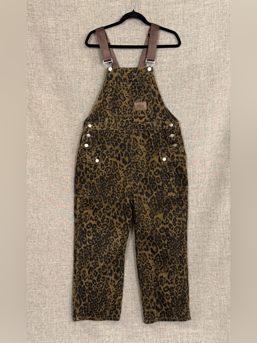Womens 100% Cotton Olive Brown Leopard Print Cargo Utility Overalls- 90s/Boho